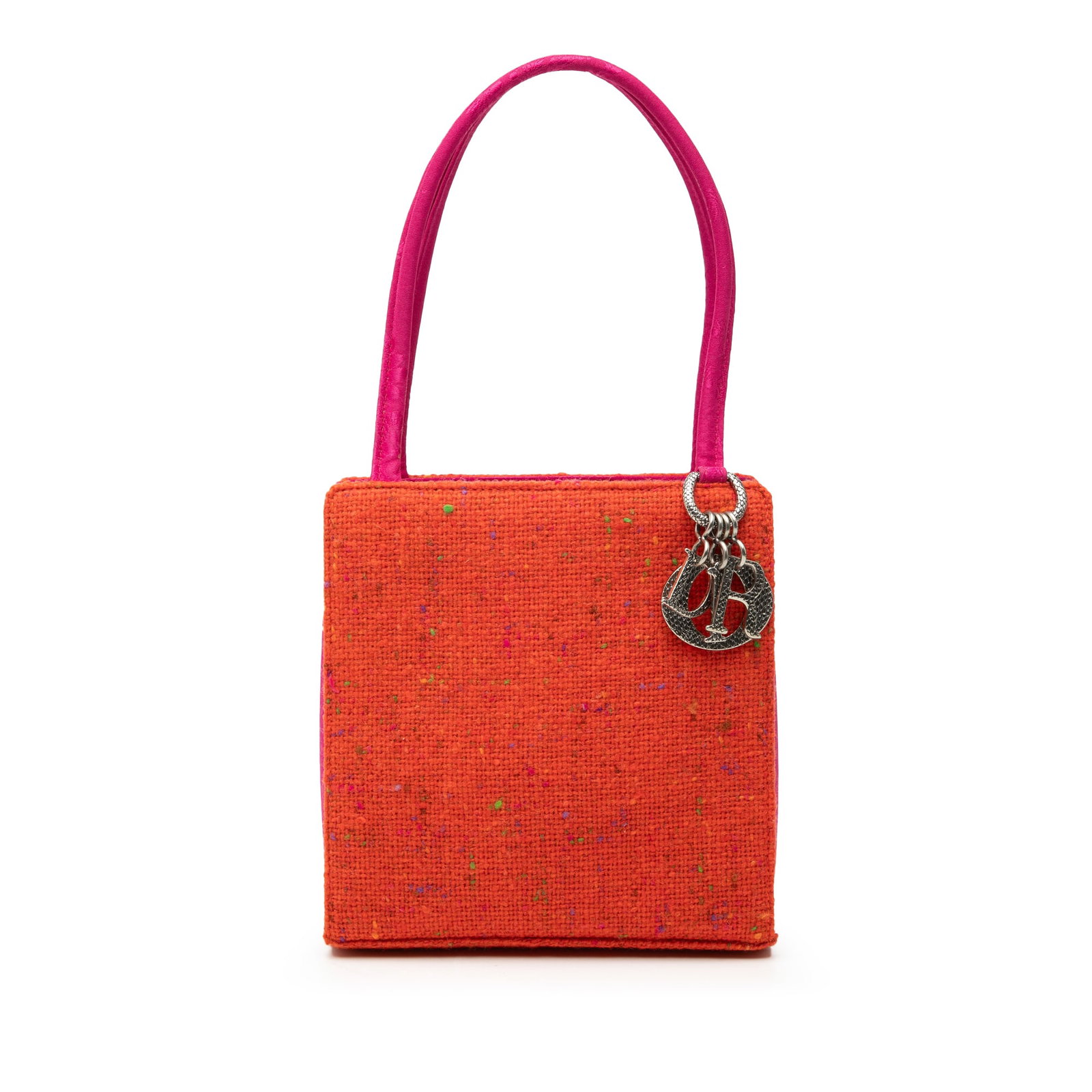 Dior Orange Tweed Fabric Handbag with Top Zip and Rolled Handles: Dior Orange Tweed Fabric Handbag with Top Zip and Rolled Handles This Dior Bicolor Tweed Top Handle Bag features a vibrant orange tweed fabric, rolled handles, a top zip closure, and an interior pocke