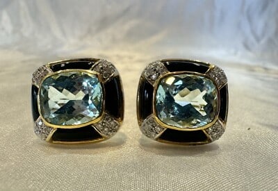 French 18K Yellow Gold Earrings with Blue Topaz Onyx Diamonds Pair (1 of 5)