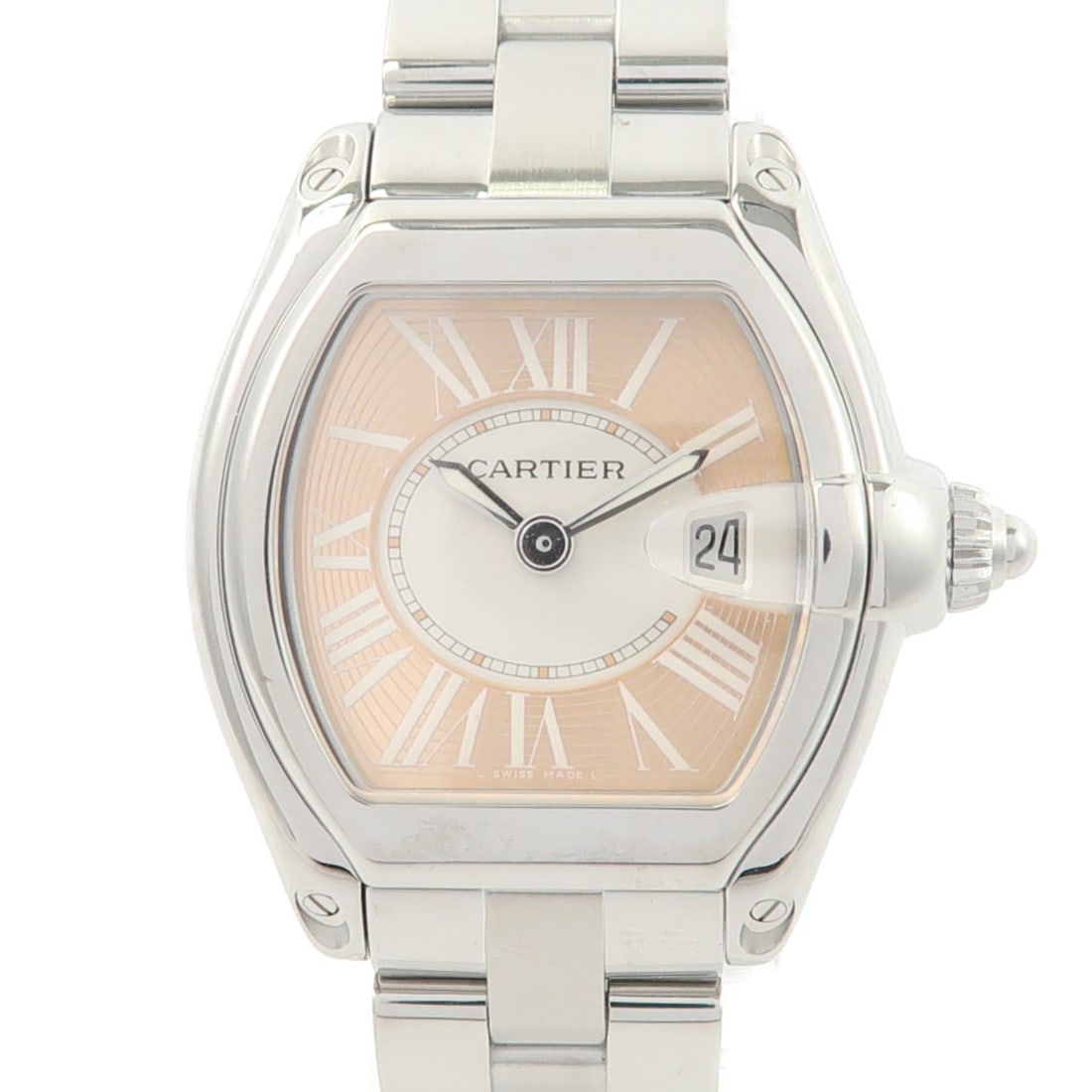 Cartier Roadstar Pink Dial Automatic Stainless Steel Wristwatch: Cartier Roadstar Pink Dial Automatic Stainless Steel Wristwatch This Cartier Roadstar Automatic Watch W62054V3 features a stainless steel case and band, complemented by a pink dial and frame. Designed