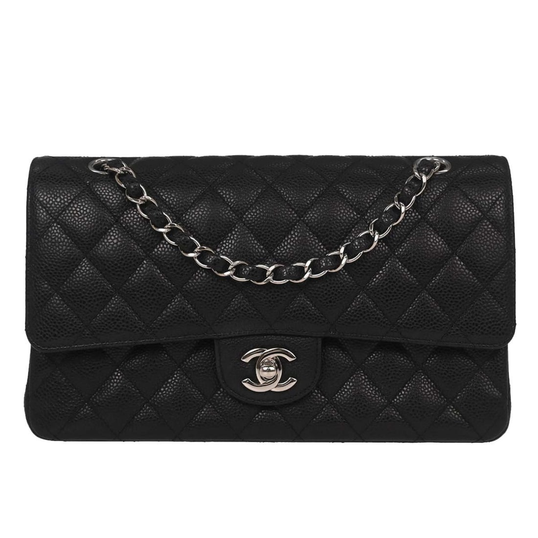 Medium Classic Double Flap Shoulder Bag in Black Calfskin by Chanel: Medium Classic Double Flap Shoulder Bag in Black Calfskin by Chanel This Chanel Medium Classic Double Flap Shoulder Bag is crafted from black calfskin leather and features a turn lock closure. The bag