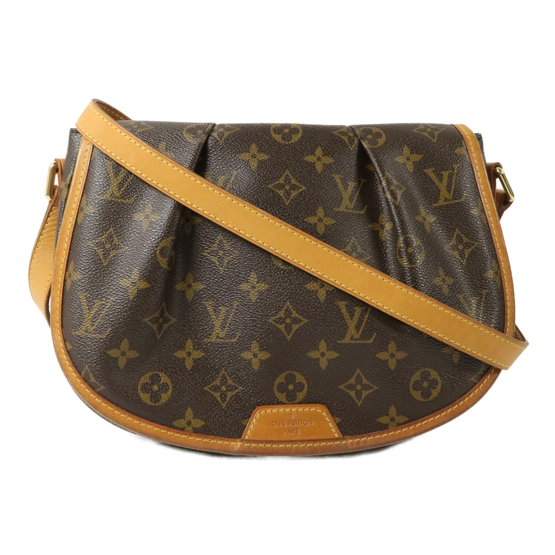 Louis Vuitton Monogram Brown Menilmontant PM Shoulder Bag GHW: Louis Vuitton Monogram Brown Menilmontant PM Shoulder Bag GHW This Louis Vuitton Menilmontant PM shoulder bag features the iconic monogram pattern on brown PVC coated canvas. Designed in a compact sil