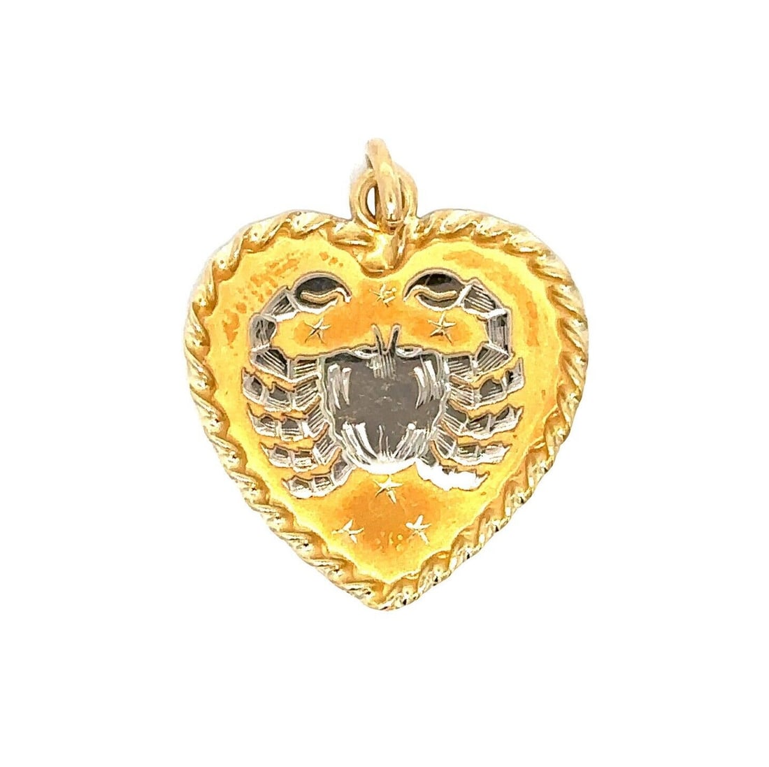 Multi-Toned 18K Gold Cancer Zodiac Heart Charm Pendant: Multi-Toned 18K Gold Cancer Zodiac Heart Charm Pendant This exquisite heart-shaped charm pendant is crafted from multi-toned 18k gold, showcasing a unique twisted border with etched stars. Ideal for v