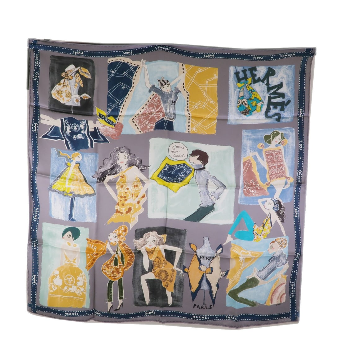 Silk Carre 65 Scarf in Gray with Multicolor Accents by HERMES: Silk Carre 65 Scarf in Gray with Multicolor Accents by HERMES This Hermes Carre 65 scarf is crafted from luxurious silk in a gray multicolor design. Made in France, it is designed for women and offers