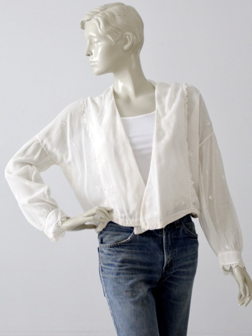 Edwardian Era Sheer Cotton Blouse with Lace Trim: Edwardian Era Sheer Cotton Blouse with Lace Trim Discover the elegance of the Edwardian era with this stunning sheer white open blouse, crafted from cotton and dating back to the early 20th century. T