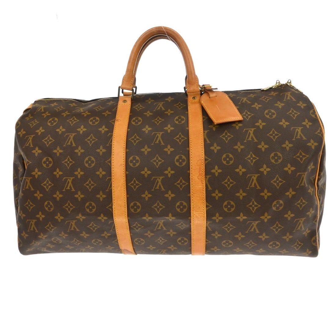 Louis Vuitton Monogram Canvas Keepall Unisex Travel Bag 55cm: Louis Vuitton Monogram Canvas Keepall Unisex Travel Bag 55cm This Louis Vuitton Keepall bag features the classic monogram canvas in brown, designed for unisex use. As a vintage piece, it shows scuffs,