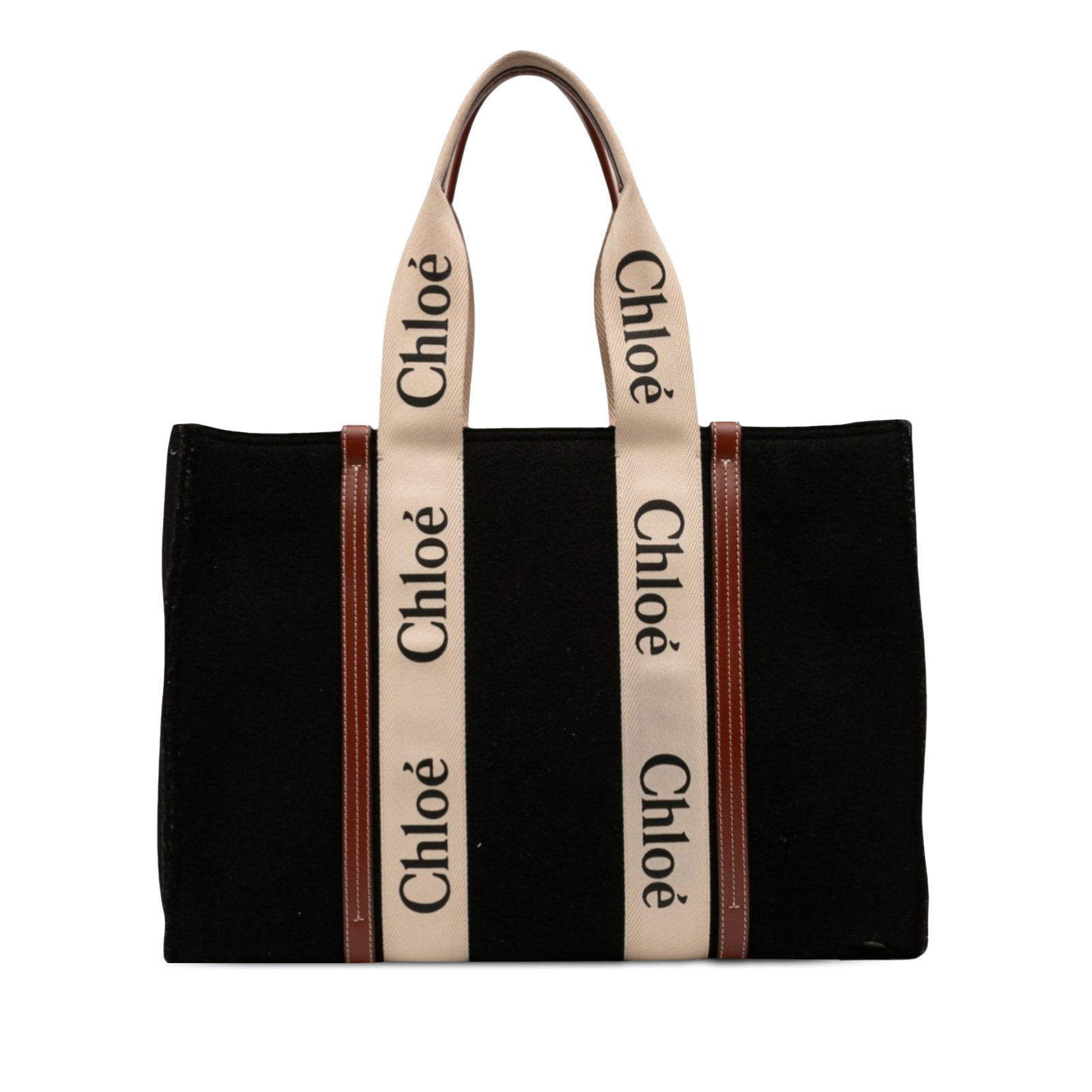 Chloe Wool Tote Bag with Leather Trim and Canvas Handles: Chloe Wool Tote Bag with Leather Trim and Canvas Handles This Chloe Large Wool Woody Tote features a wool body with leather trim, flat canvas handles with leather details, an open top, and interior zi