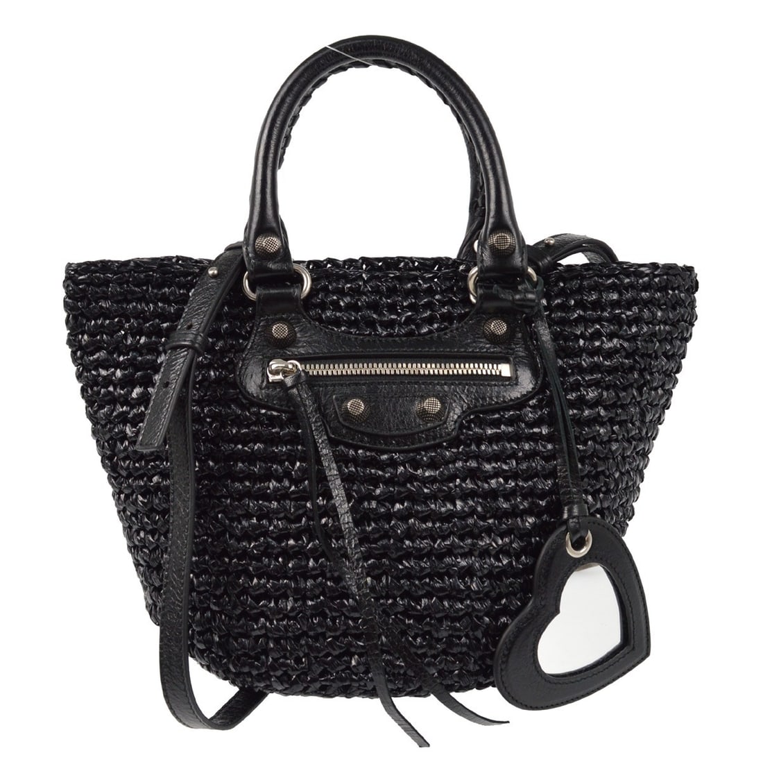 Balenciaga Le Cagole Panier Black Leather and Raffia Bag: Balenciaga Le Cagole Panier Black Leather and Raffia Bag This Balenciaga Le Cagole Panier handbag is crafted from black leather and features a raffia design. Designed for women, it offers a stylish si