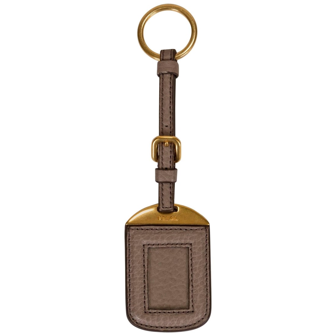Prada Gray Leather Luggage Name Tag with Gold Tone Hardware: Prada Gray Leather Luggage Name Tag with Gold Tone Hardware Elevate your luggage with this stylish Prada Gray Leather Luggage Name Tag. Crafted from high-quality gray leather and adorned with gold ton