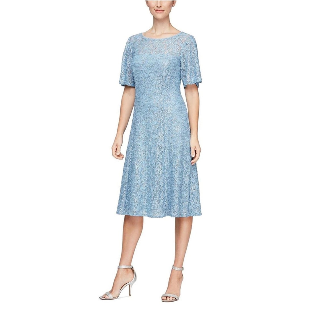 S.L. Fashions Plus Size Periwinkle Lace Dress 24W with Embroidery: S.L. Fashions Plus Size Periwinkle Lace Dress 24W with Embroidery Make a statement at your next formal occasion with this stunning plus-size embroidered lace dress in a beautiful periwinkle hue. Desig