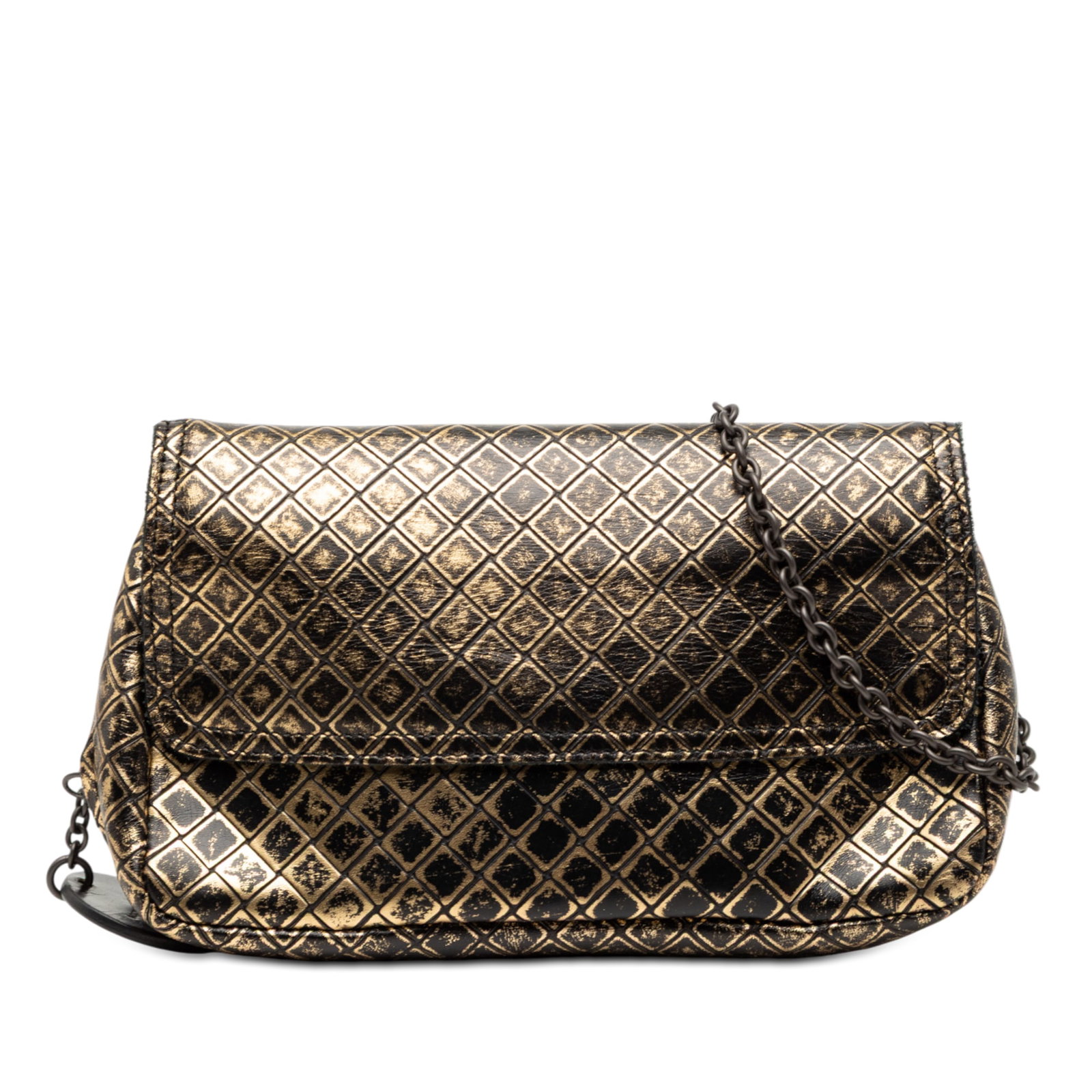 Gold Metallic Leather Bottega Veneta Intrecciomirage Chain Crossbody Bag: Gold Metallic Leather Bottega Veneta Intrecciomirage Chain Crossbody Bag This Bottega Veneta crossbody bag features an embossed metallic leather body in gold, complemented by a chain link shoulder str