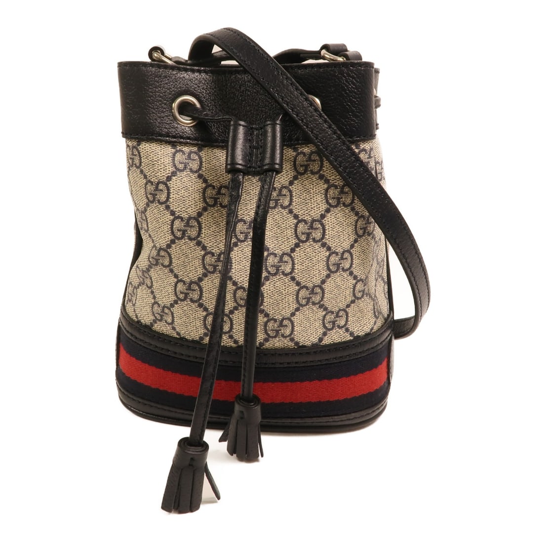 Gucci Ophidia Mini Blue Shoulder Bucket Bag Coated Canvas Silver Hardware: Gucci Ophidia Mini Blue Shoulder Bucket Bag Coated Canvas Silver Hardware This Gucci Ophidia GG Mini Bucket Bag is crafted from blue PVC coated canvas with silver-tone hardware. Designed as a shoulder