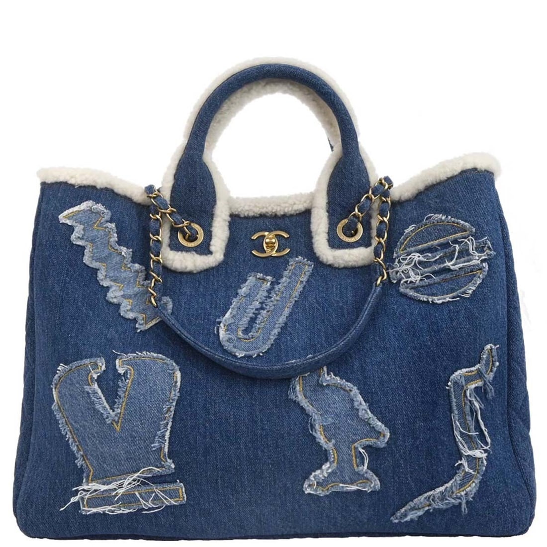 Chanel Blue Denim Medium Deauville 2way Tote Bag with Double Handles: Chanel Blue Denim Medium Deauville 2way Tote Bag with Double Handles Elevate your accessory game with this stunning Chanel Blue Denim Medium Deauville 2way Tote Bag. Crafted from high-quality denim, t