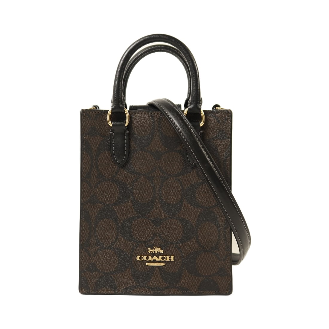 Coach North South Mini Tote M2377-CJ494 Black Brown Coated Canvas 2way Bag: Coach North South Mini Tote M2377-CJ494 Black Brown Coated Canvas 2way Bag This COACH North South Mini Tote Bag features a PVC coated canvas exterior in black and brown. Designed as a 2-way shoulder b