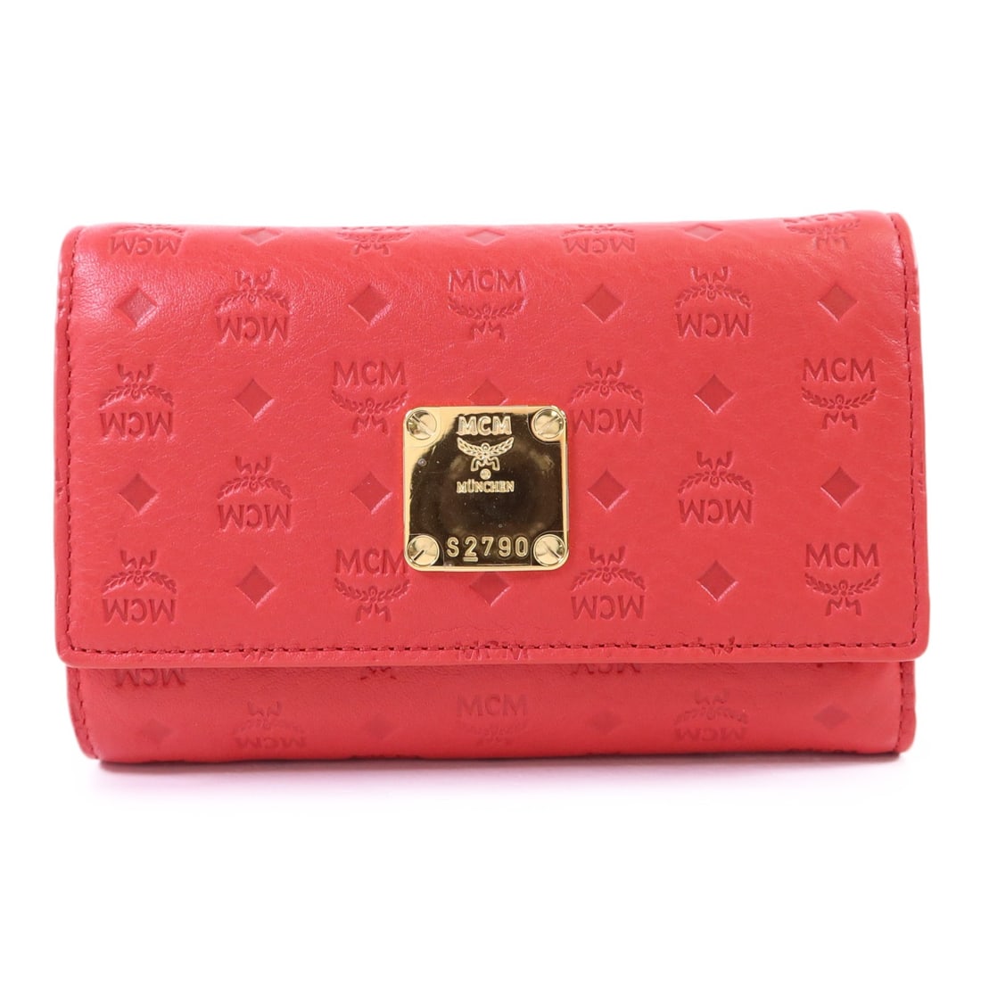 Red Calfskin Tri-fold Wallet by MCM with Gold Hardware: Red Calfskin Tri-fold Wallet by MCM with Gold Hardware This MCM tri-fold wallet features red calfskin leather and gold tone hardware. It is designed in a classic tri-fold style and is in very good, un