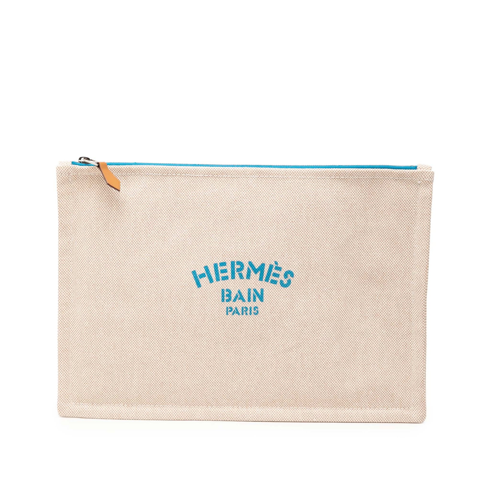 Beige Fabric Pouch with Zip Top by Hermes Bain Flat Yachting GM: Beige Fabric Pouch with Zip Top by Hermes Bain Flat Yachting GM This Hermes Canvas Bain Flat Yachting GM pouch features a beige canvas body with a top zip closure. It is designed for small leather goo