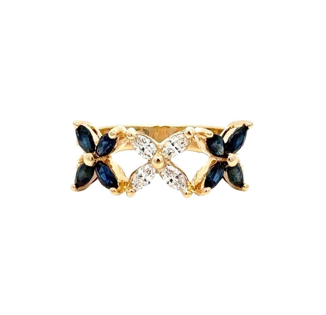 14k Yellow Gold Butterfly Band Ring with Marquise Sapphire and Diamonds: 14k Yellow Gold Butterfly Band Ring with Marquise Sapphire and Diamonds This exquisite 14k Yellow Gold Marquise Sapphire & Diamond Triple Flower Butterfly Band Ring is a stunning addition to any jewel