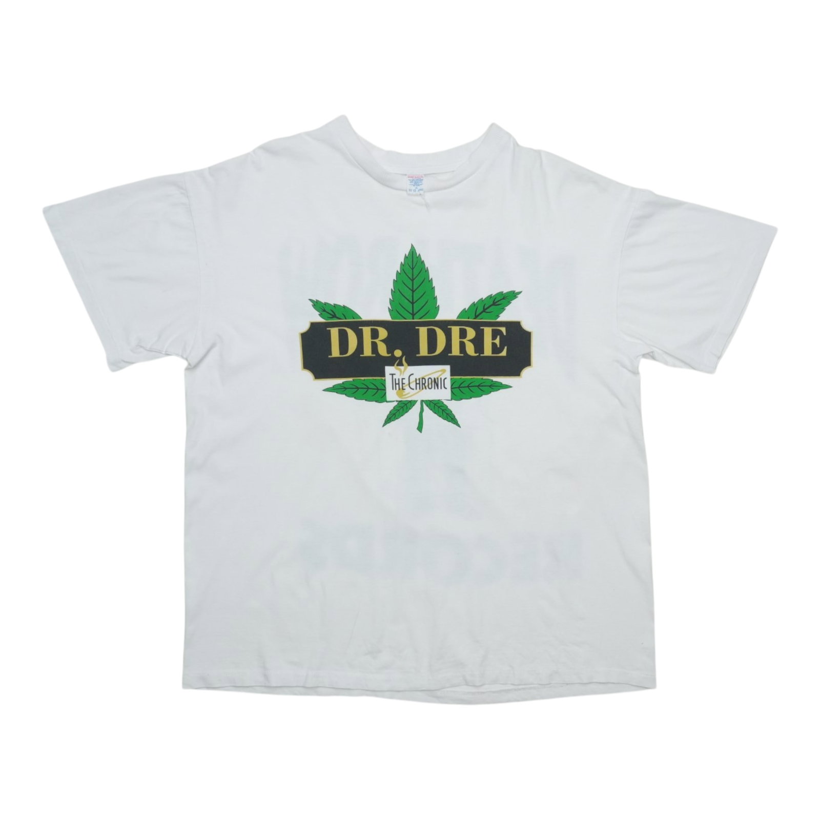 Vintage 1990s The Chronic Dr. Dre White Cotton Graphic Tee: Vintage 1990s The Chronic Dr. Dre White Cotton Graphic Tee This is an original vintage Dr. Dre The Chronic shirt from the 1990s, featuring front and back graphics. Made from 100% cotton, the shirt is 