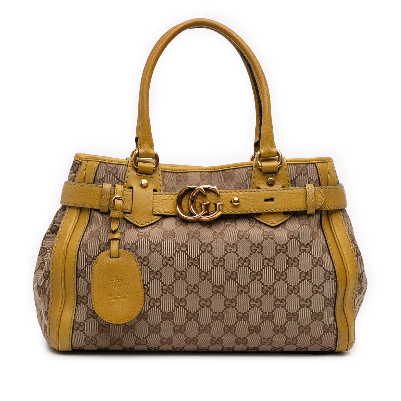Gucci GG Canvas Beige Tote Bag with Leather Trim: Gucci GG Canvas Beige Tote Bag with Leather Trim This Gucci GG Canvas Running Tote features a beige canvas body with leather trim and rolled leather handles. The bag is designed with an open top secur