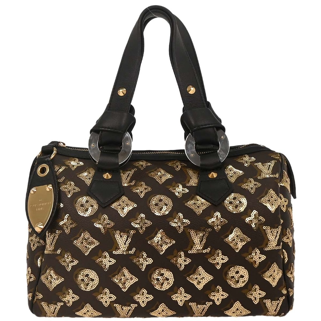 Louis Vuitton Gold Monogram Eclipse Speedy 30 Handbag M40244 Duffle: Louis Vuitton Gold Monogram Eclipse Speedy 30 Handbag M40244 Duffle The Louis Vuitton Gold Monogram Eclipse Speedy 30 Handbag (M40244) is a stylish medium-sized duffle bag that showcases the iconic Mo