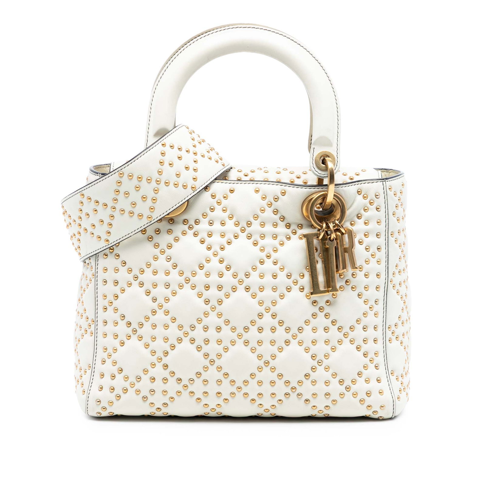 Dior Lady Dior Medium White Lambskin Cannage Studded Satchel Handbag: Dior Lady Dior Medium White Lambskin Cannage Studded Satchel Handbag This Dior Medium Lambskin Cannage Studded Supple Lady Dior satchel features a white studded leather body, flat handles, a detachabl