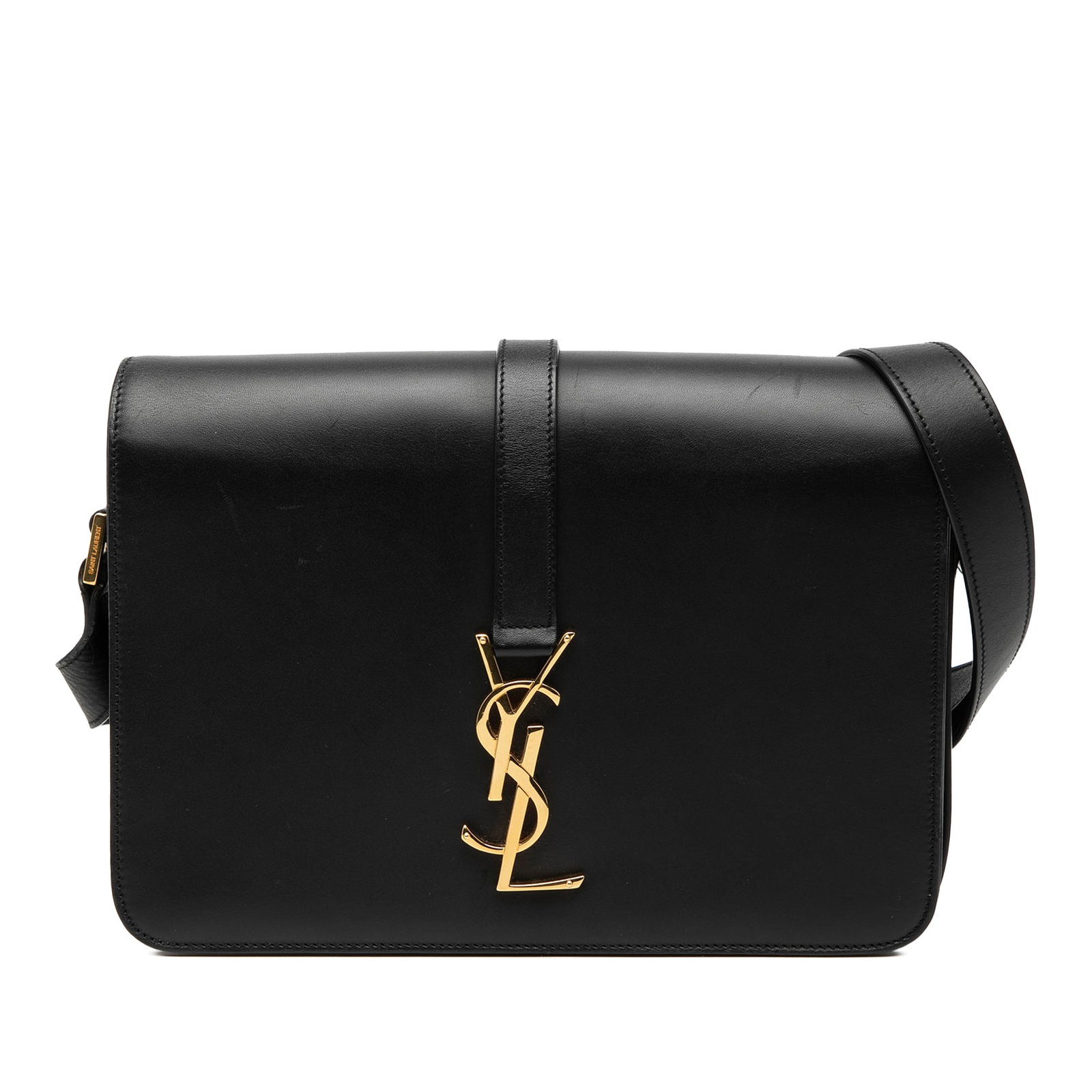 Saint Laurent Universite Black Leather Shoulder Bag with Monogram: Saint Laurent Universite Black Leather Shoulder Bag with Monogram This Saint Laurent Medium Leather Monogram Universite Bag features a black leather body, an adjustable flat leather shoulder strap, an