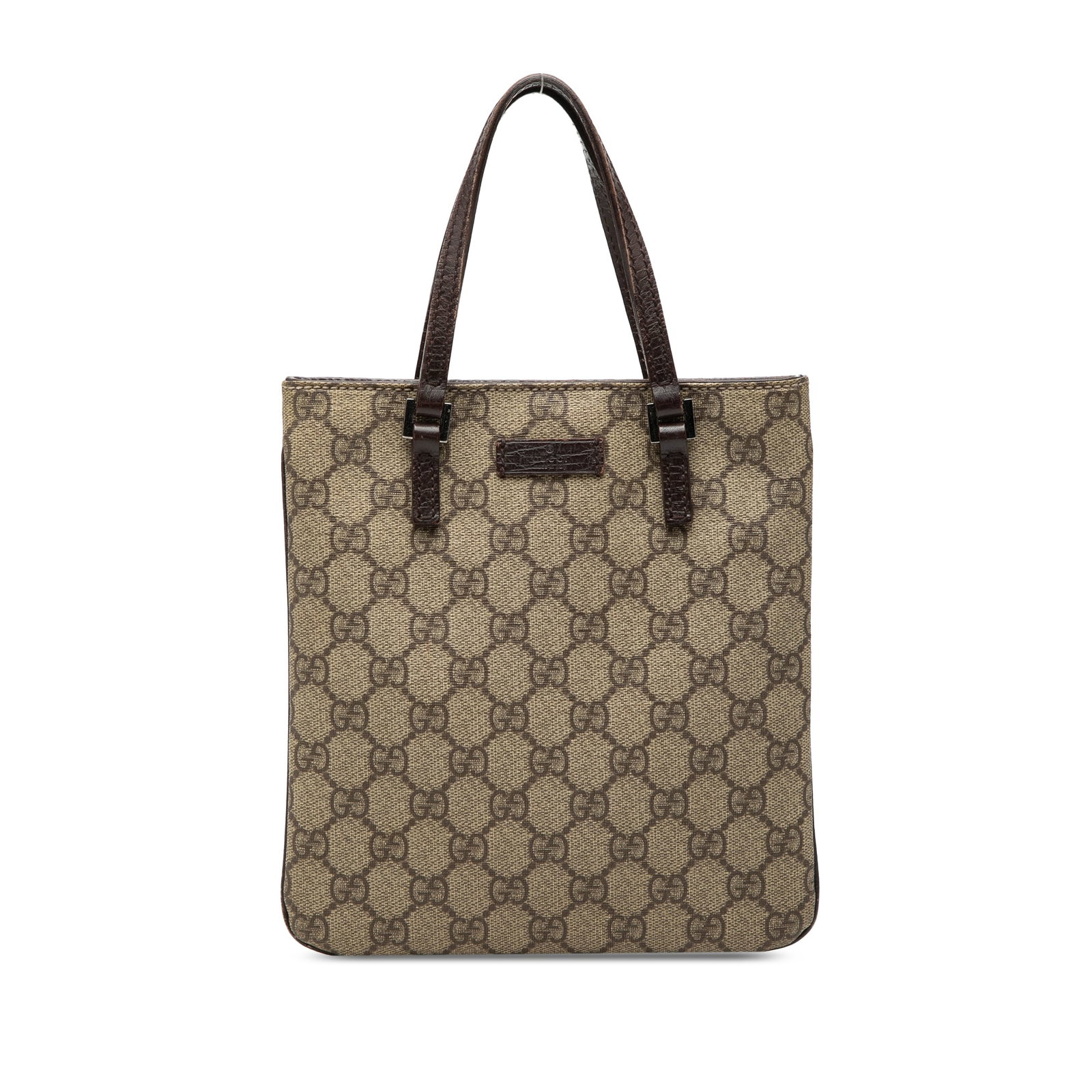 Gucci GG Supreme Beige Canvas Tote with Leather Trim: Gucci GG Supreme Beige Canvas Tote with Leather Trim This Gucci GG Supreme Handbag features a coated canvas body with leather trim, flat leather handles, an open top with magnetic snap closure, and an