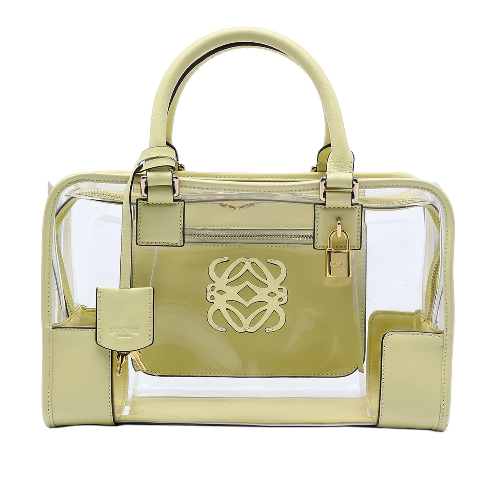 Loewe Amazona Green Vinyl and Leather Top Handle Bag: Loewe Amazona Green Vinyl and Leather Top Handle Bag The Loewe Amazona Vinyl handbag features a PVC body accented with leather trim, a clochette, rolled leather handles, a top zip closure, and an inte