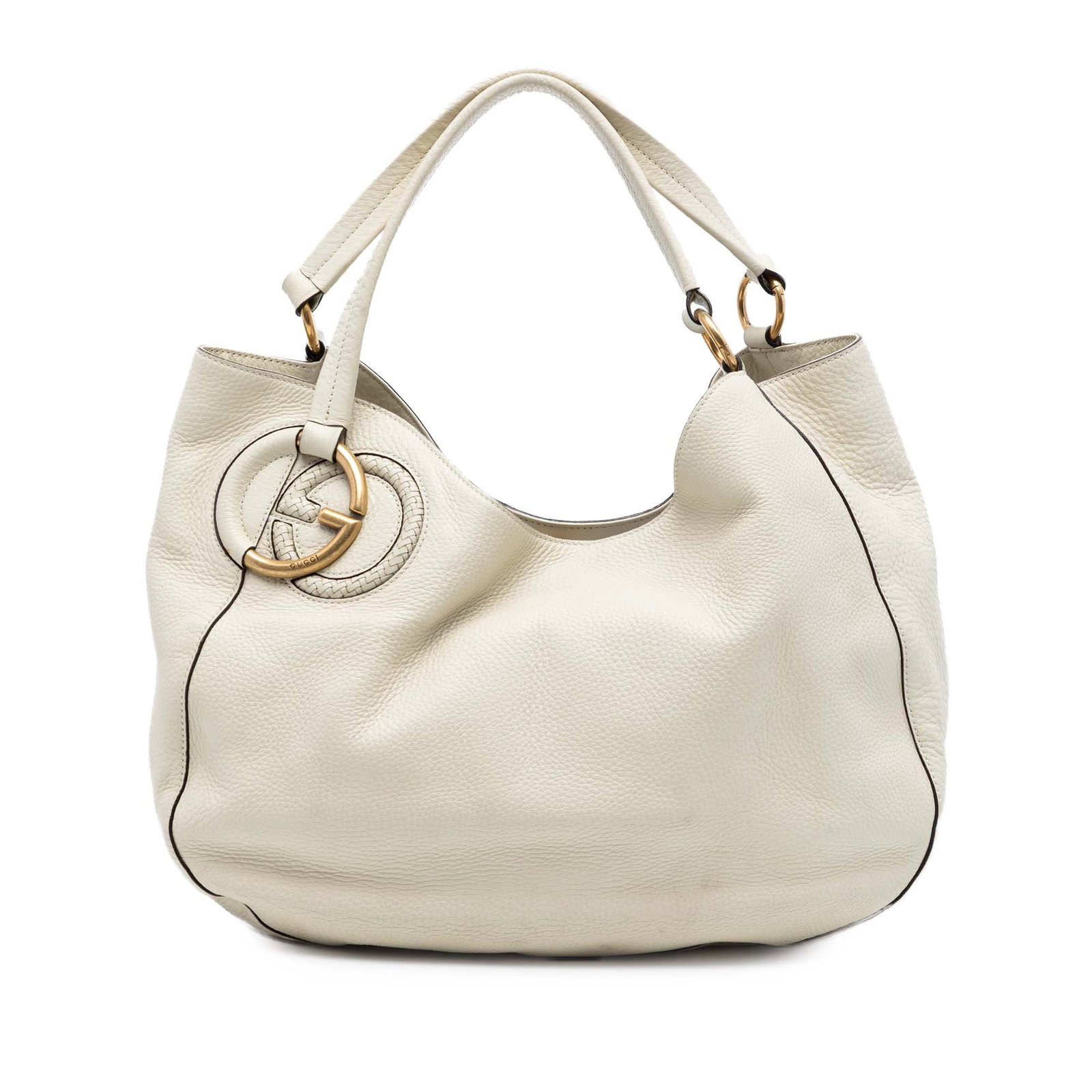 Gucci White Leather Medium Twill Tote Bag with Hook Closure: Gucci White Leather Medium Twill Tote Bag with Hook Closure This Gucci Medium Pebbled Calfskin Twill Tote features a white leather body, flat leather handles, an open top with hook closure, and interi