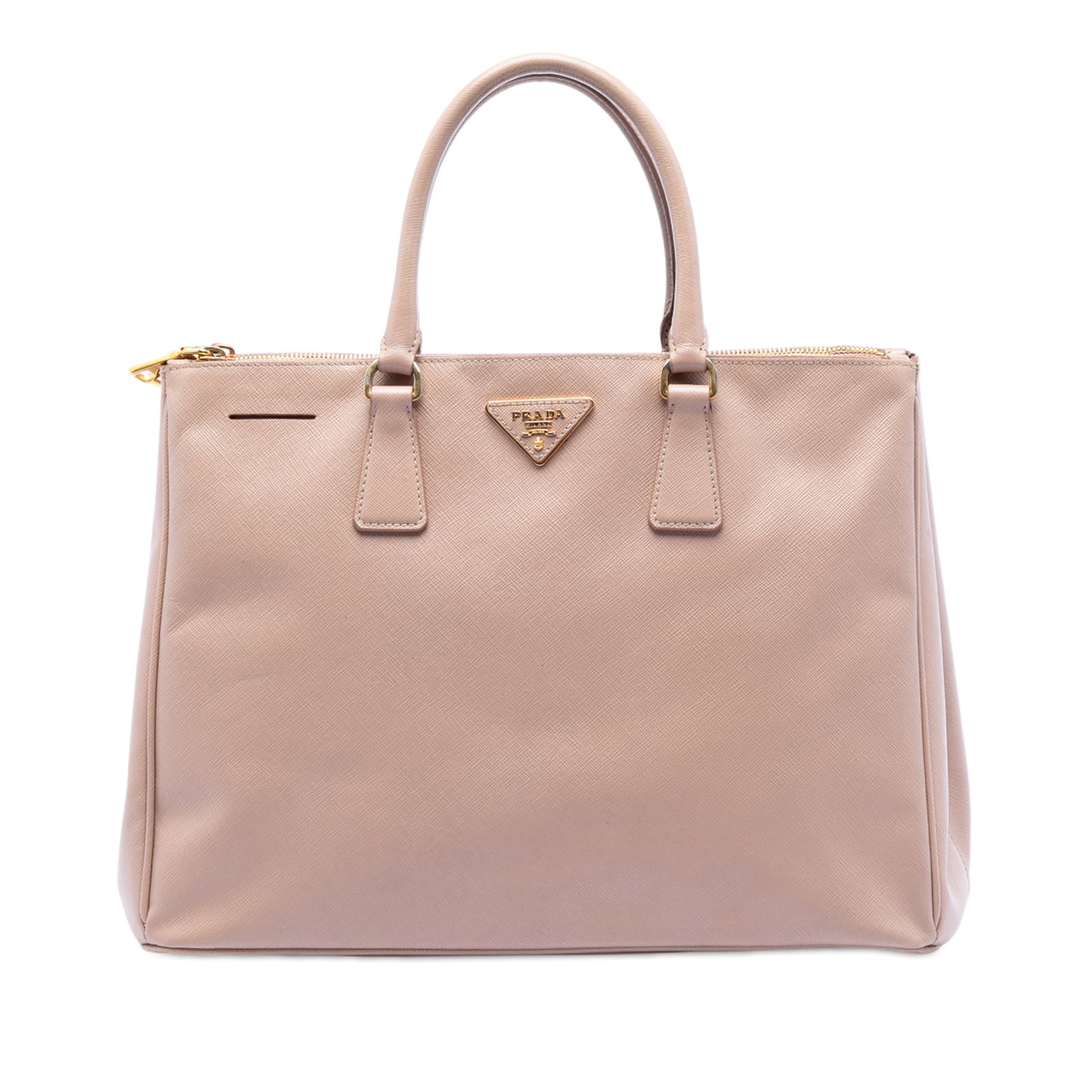 Prada Galleria Saffiano Leather Large Double Zip Brown Satchel: Prada Galleria Saffiano Leather Large Double Zip Brown Satchel This Prada Large Saffiano Lux Galleria Double Zip Satchel features a saffiano leather exterior in brown, rolled leather handles, an open 