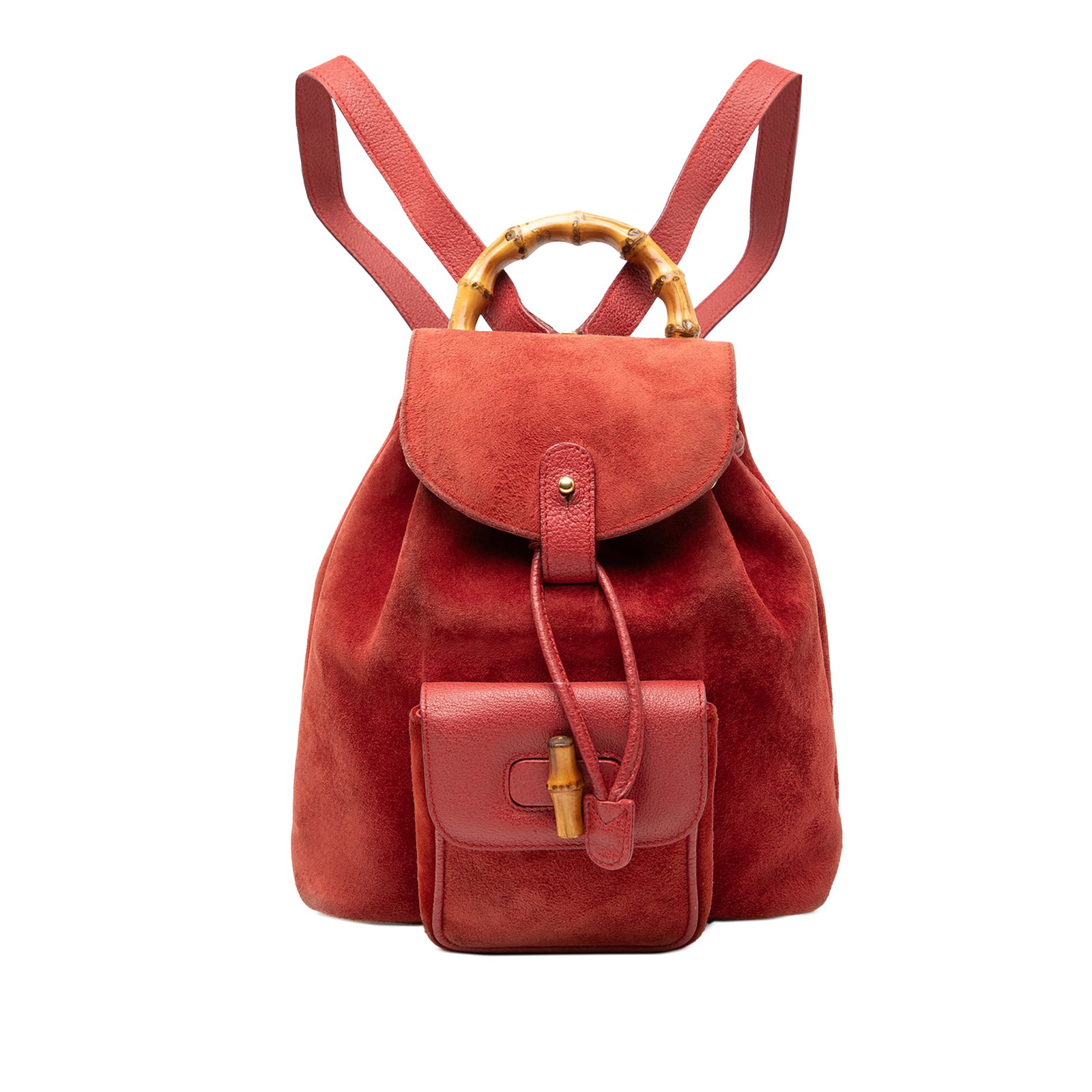 Red Gucci Suede and Leather Backpack with Bamboo Handle and Drawstring: Red Gucci Suede and Leather Backpack with Bamboo Handle and Drawstring This Gucci Suede Bamboo Backpack features a red suede body with leather trim and flat leather back straps. It is designed with a 