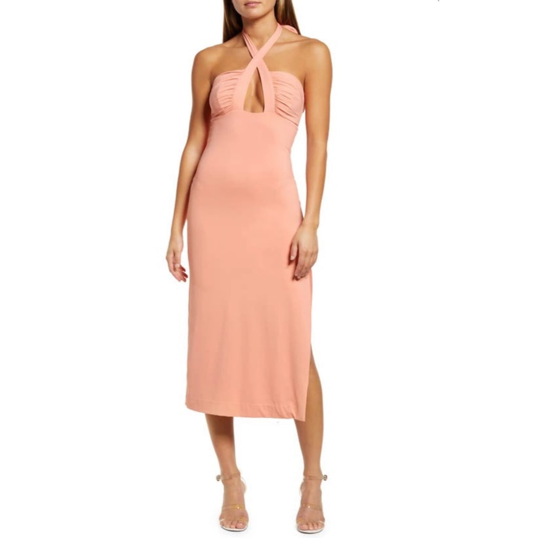 Bardot Guilia Halter Midi Dress Side Slit Orange Women's 6: Bardot Guilia Halter Midi Dress Side Slit Orange Women's 6 Elevate your evening attire with the Bardot Women's Guilia Halter MIDI Dress, designed for a striking look at parties, weddings, or special o