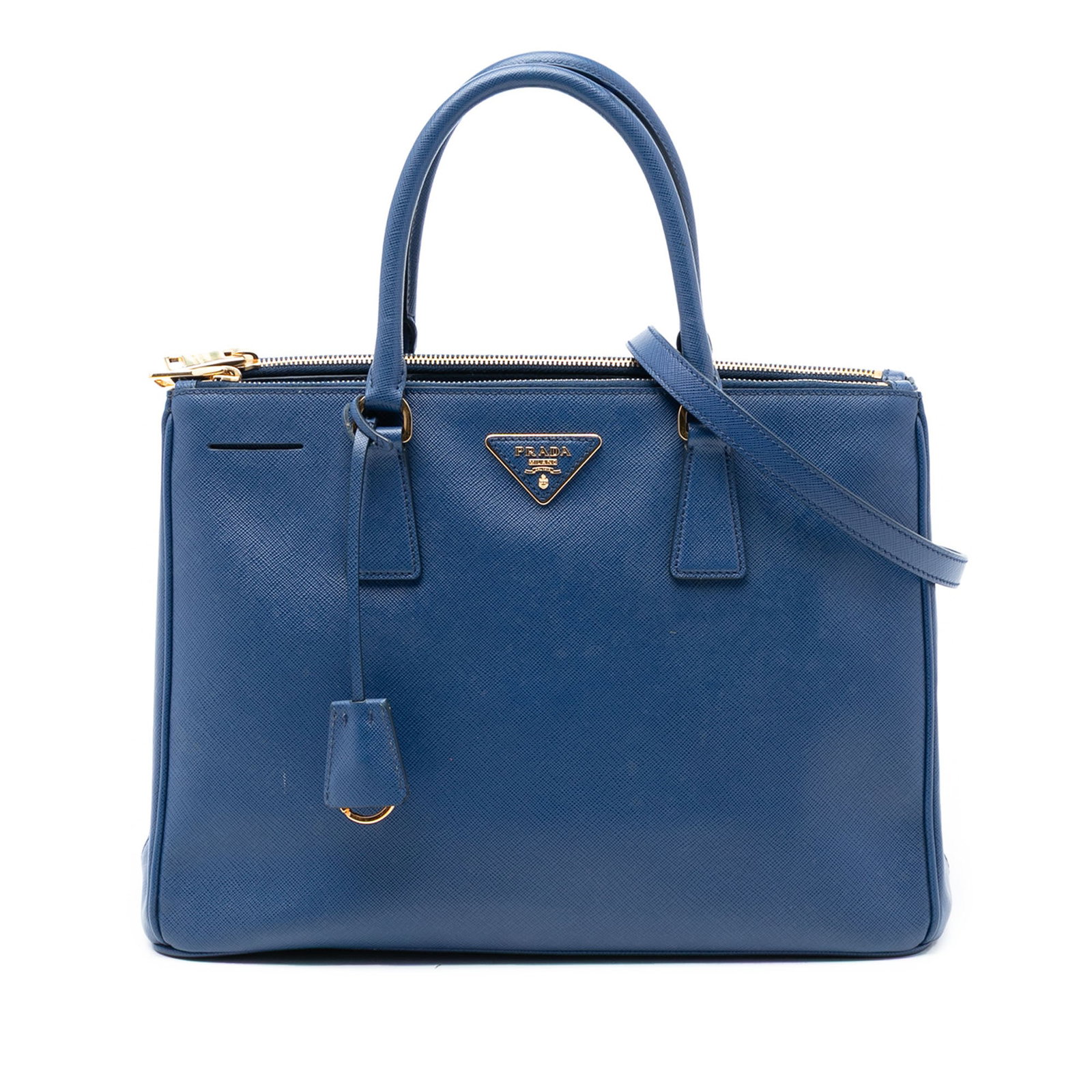 Prada Galleria Medium Saffiano Leather Blue Double Zip Satchel Bag: Prada Galleria Medium Saffiano Leather Blue Double Zip Satchel Bag This Prada Medium Saffiano Lux Galleria Double Zip Satchel features a saffiano leather body in blue, rolled leather handles, a detach