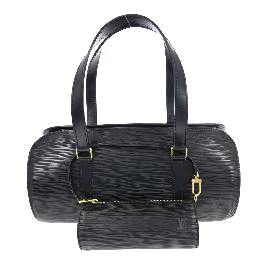 Louis Vuitton Soufflot Epi Leather Black Medium Handbag with Double Handles: Louis Vuitton Soufflot Epi Leather Black Medium Handbag with Double Handles This Louis Vuitton Soufflot handbag features the signature black Epi leather exterior and a medium-sized, structured silhoue