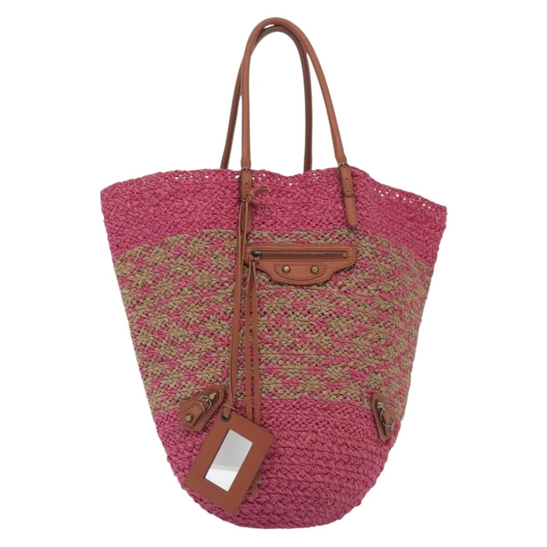 Panier Basket Pink Wood Tote Balenciaga 37cm by 33cm by 15cm: Panier Basket Pink Wood Tote Balenciaga 37cm by 33cm by 15cm This Balenciaga Panier Basket Tote for women features a woven raffia design with wood material accents. The tote is pink and showcases a sp