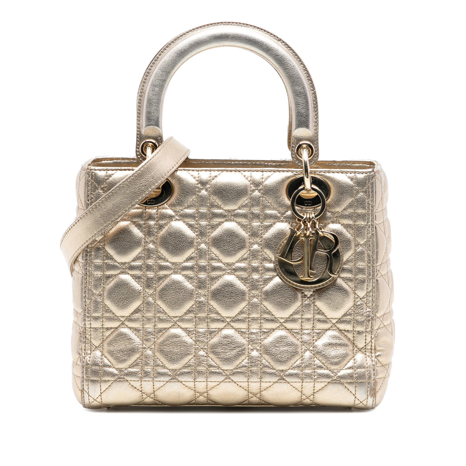 Gold Metallic Quilted Leather Medium Lady Dior Cannage Handbag with Strap: Gold Metallic Quilted Leather Medium Lady Dior Cannage Handbag with Strap This Medium Metallic Lambskin Cannage Lady Dior bag features a quilted metallic lambskin leather body, flat leather top handle