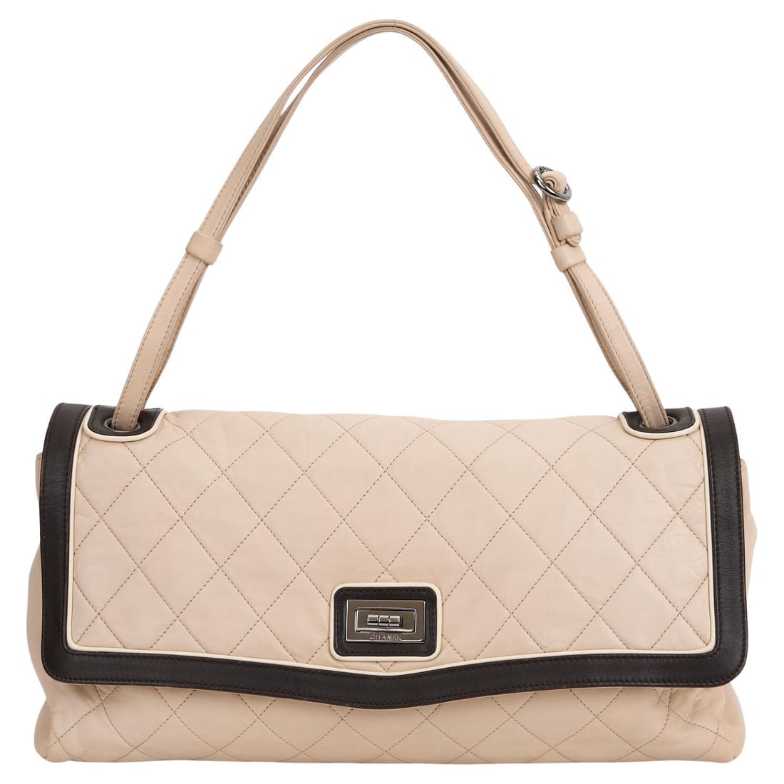 Chanel 2 Tone Beige Lambskin Large Flap Shoulder Bag with Hologram: Chanel 2 Tone Beige Lambskin Large Flap Shoulder Bag with Hologram Elevate your style with this exquisite Chanel 2 Tone Beige Large Flap Shoulder Bag, a stunning piece from Karl Lagerfeld's collection