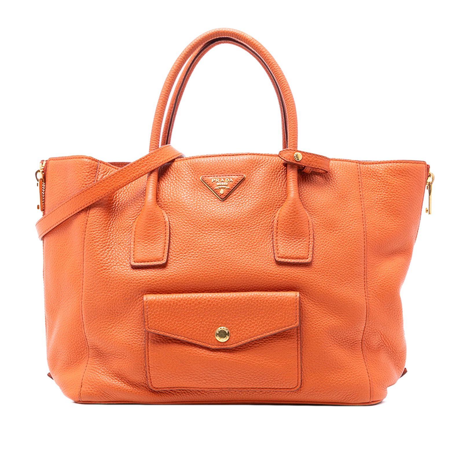 Prada Vitello Daino Leather Tote with Twin Pockets and Side Zips: Prada Vitello Daino Leather Tote with Twin Pockets and Side Zips This Prada Vitello Daino Side Zip Twin Pocket Open Convertible Tote is crafted from orange leather and features side zip details, rolle
