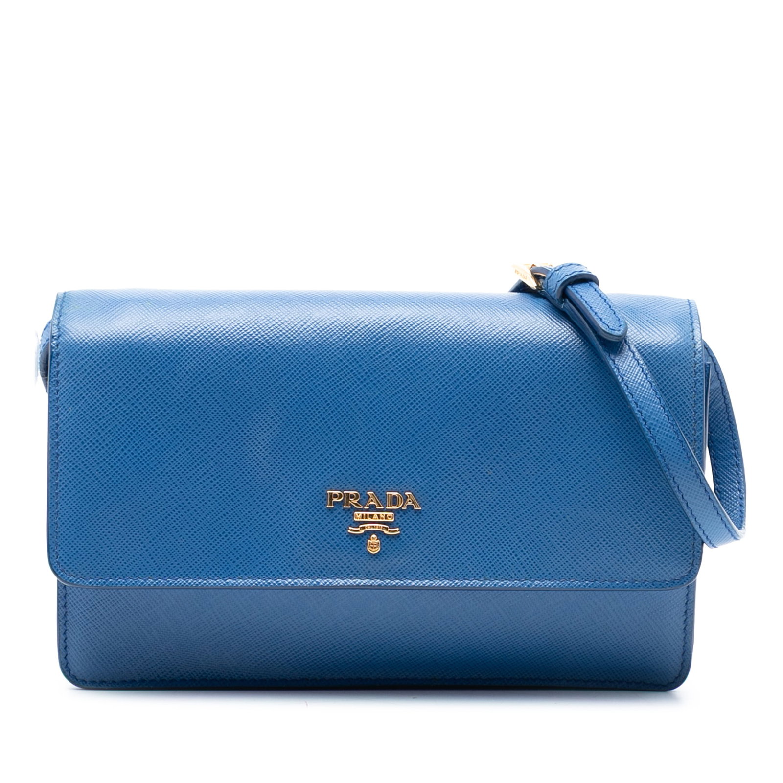 Blue Prada Saffiano Leather Crossbody Wallet with Strap: Blue Prada Saffiano Leather Crossbody Wallet with Strap This Prada Saffiano Wallet on Strap is crafted from blue saffiano leather and features an adjustable flat leather strap, a front flap with snap 