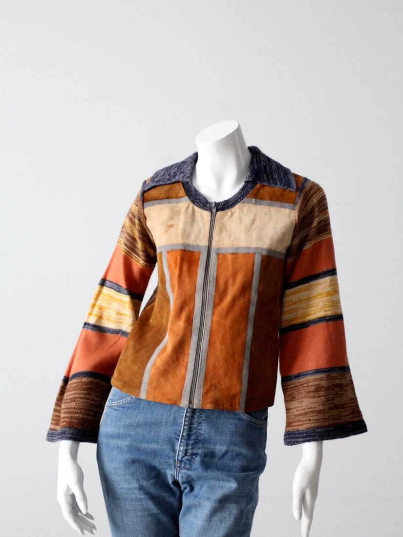 1970s JCPenney Boho Patchwork Cardigan Sweater: 1970s JCPenney Boho Patchwork Cardigan Sweater This vintage 1970s JCPenney patchwork cardigan sweater is a unique piece from our stylist's collection. Crafted from a cozy brown, blue, rust, and tan ac