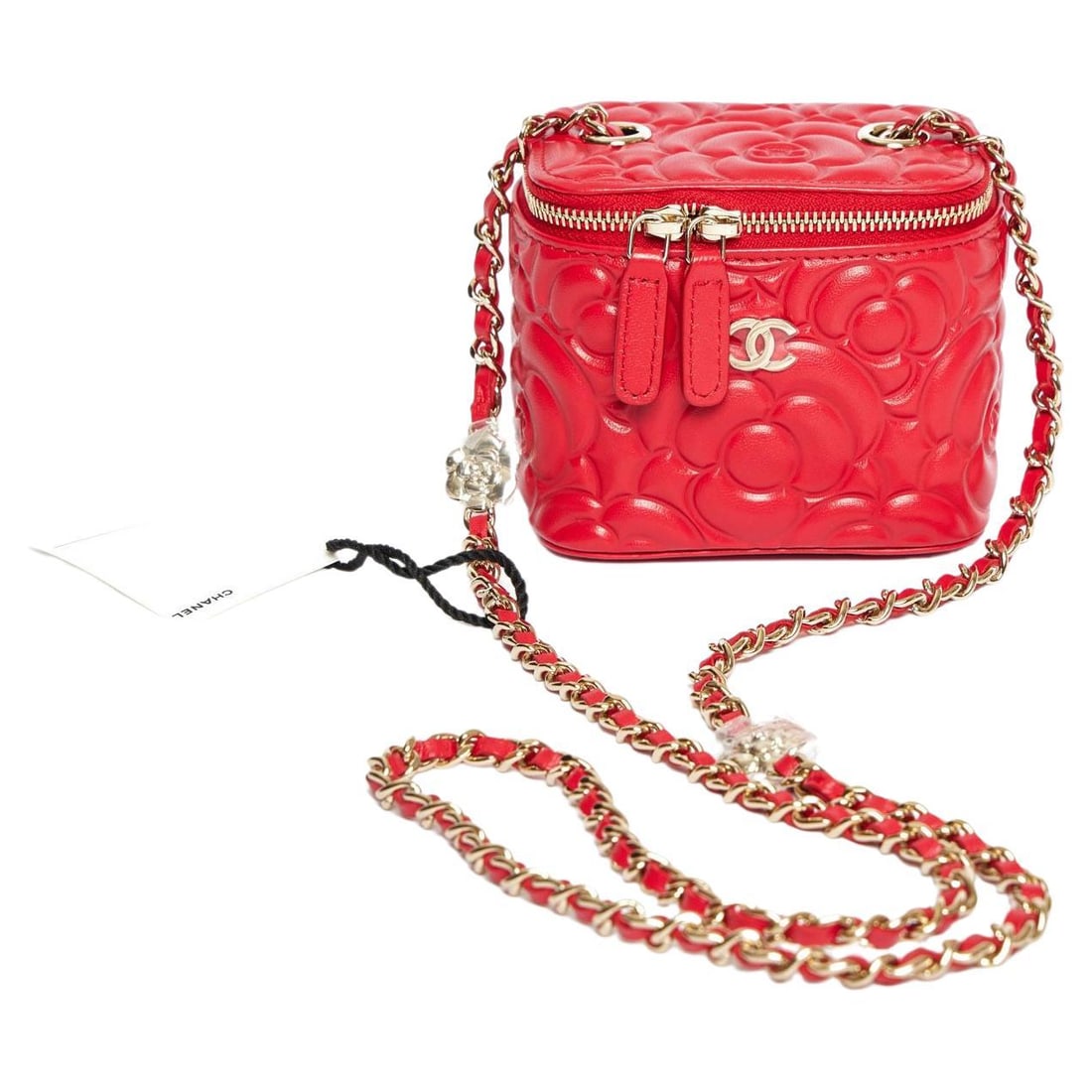 Chanel Mini Vanity Bag Red Camellia with Authenticity Card: Chanel Mini Vanity Bag Red Camellia with Authenticity Card Introducing the Chanel Mini Vanity Camellia Bag in a striking red hue. This exquisite designer piece showcases an embroidered Camellia patter