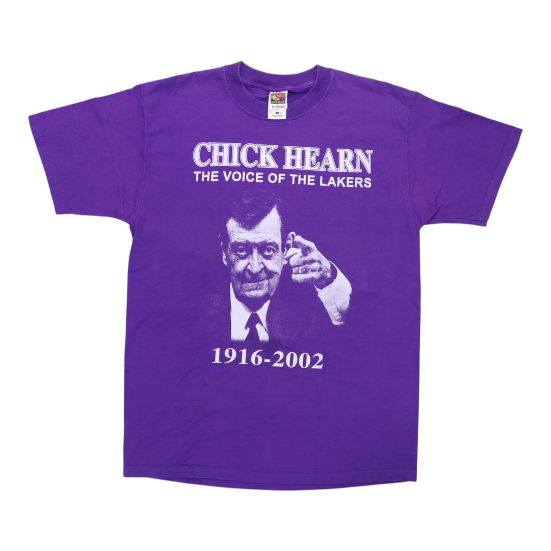 Vintage 2002 Chick Hearn Lakers Graphic Cotton Purple Shirt Size Large: Vintage 2002 Chick Hearn Lakers Graphic Cotton Purple Shirt Size Large This is an original vintage 2002 Chick Hearn Voice of the Lakers shirt featuring both front and back graphics. The shirt is made 