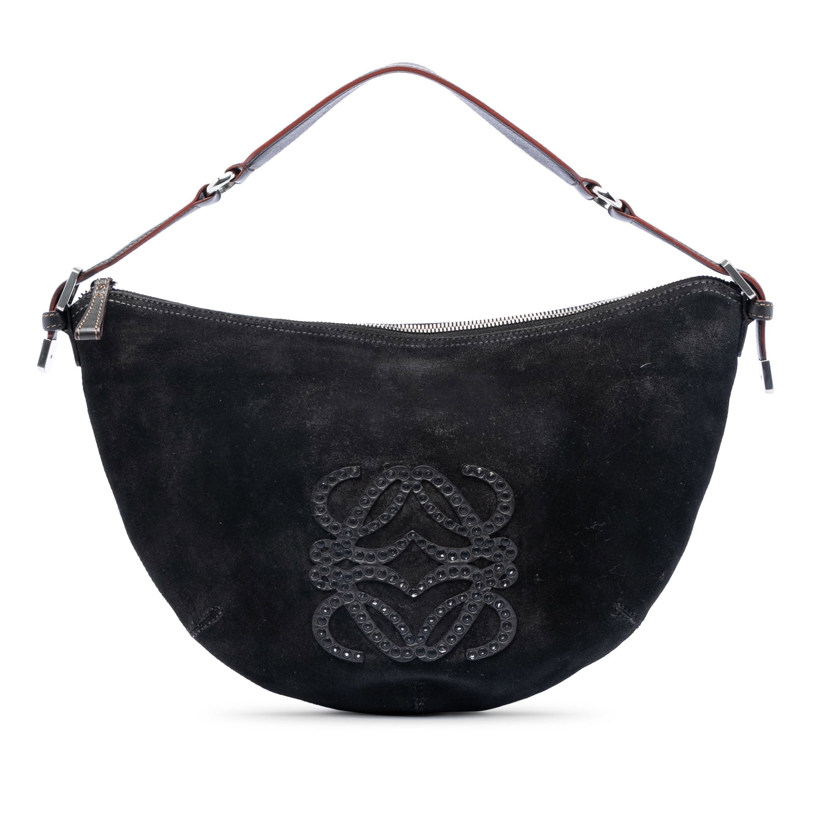 Black Suede Anagram Shoulder Bag with Stud Detail by Loewe: Black Suede Anagram Shoulder Bag with Stud Detail by Loewe This LOEWE Suede Studded Anagram Hobo bag features a black suede leather body accented with studded details, a flat leather strap that has be