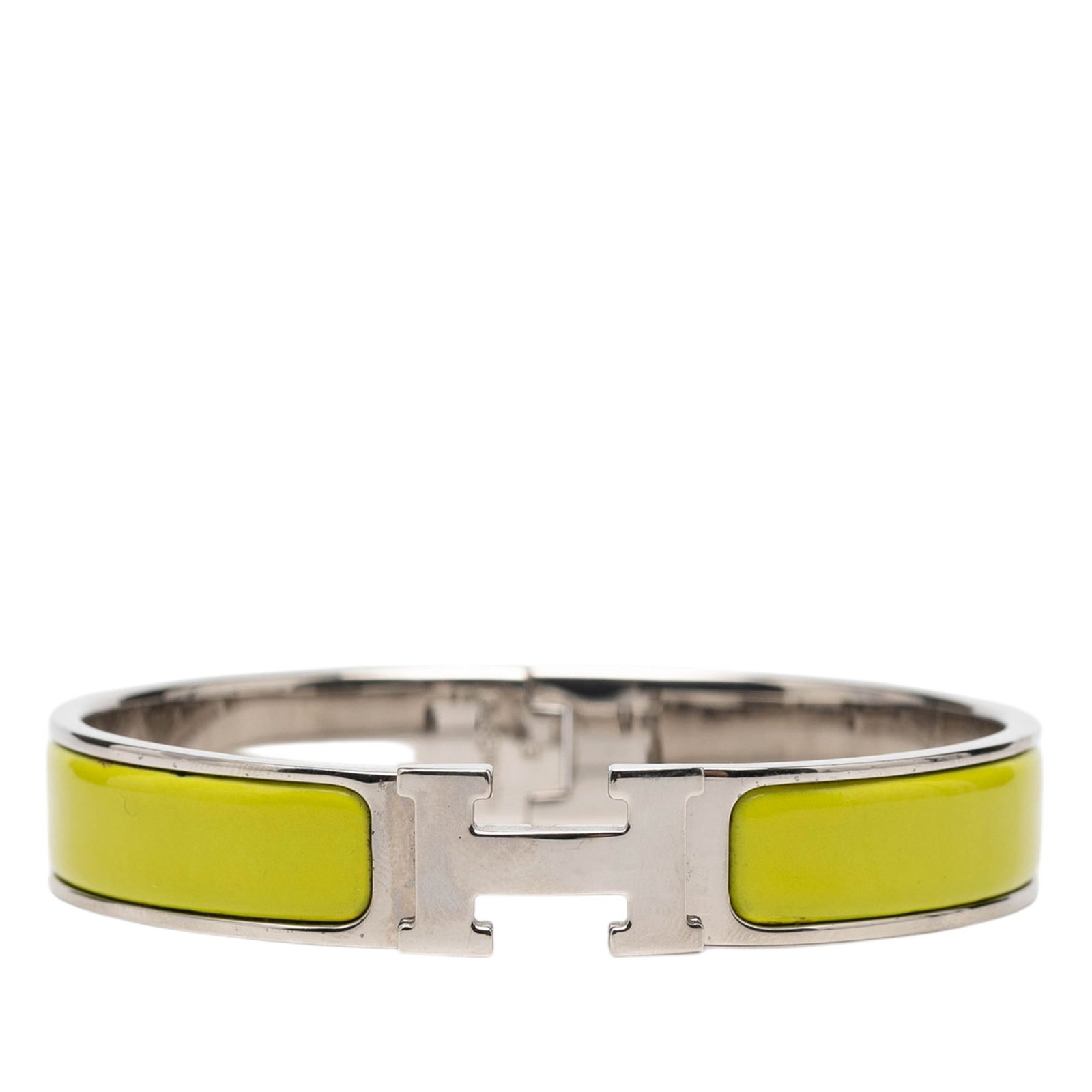 Hermes Clic H PM Yellow Enamel Palladium Narrow Bracelet: Hermes Clic H PM Yellow Enamel Palladium Narrow Bracelet This Hermes Narrow Enamel Clic H Bracelet PM features a palladium plated metal and enamel construction in a yellow color. It is designed with a