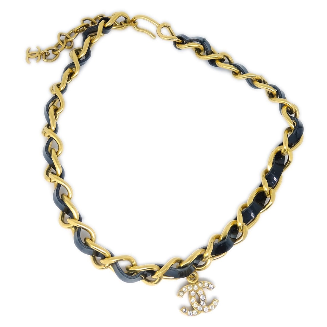 Chanel CC Rhinestone Charm Necklace Gold Black 96P: Chanel CC Rhinestone Charm Necklace Gold Black 96P Elevate your accessory collection with this stunning Chanel CC Rhinestone Pendant Necklace. The pendant features a glamorous combination of gold and 