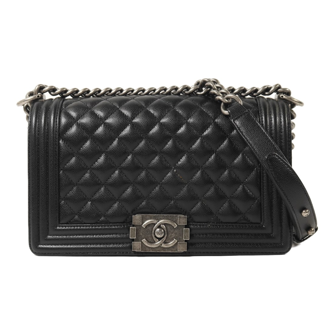 Chanel Boy 25 Black Calfskin Leather Shoulder Bag with Silver Hardware: Chanel Boy 25 Black Calfskin Leather Shoulder Bag with Silver Hardware This Chanel Boy 25 chain shoulder bag features black calfskin leather and silver-tone hardware. Designed for women, it offers a c
