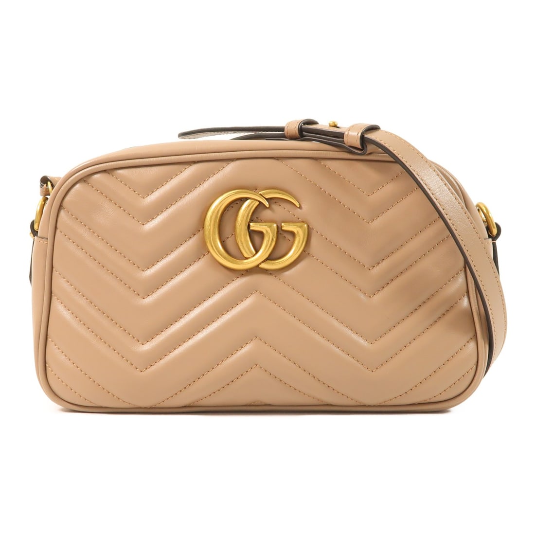 Beige GG Marmont Shoulder Bag Calfskin with Gold Hardware by Gucci: Beige GG Marmont Shoulder Bag Calfskin with Gold Hardware by Gucci This GUCCI GG Marmont shoulder bag is crafted from beige calfskin leather, offering a stylish and sophisticated look. Designed for wo