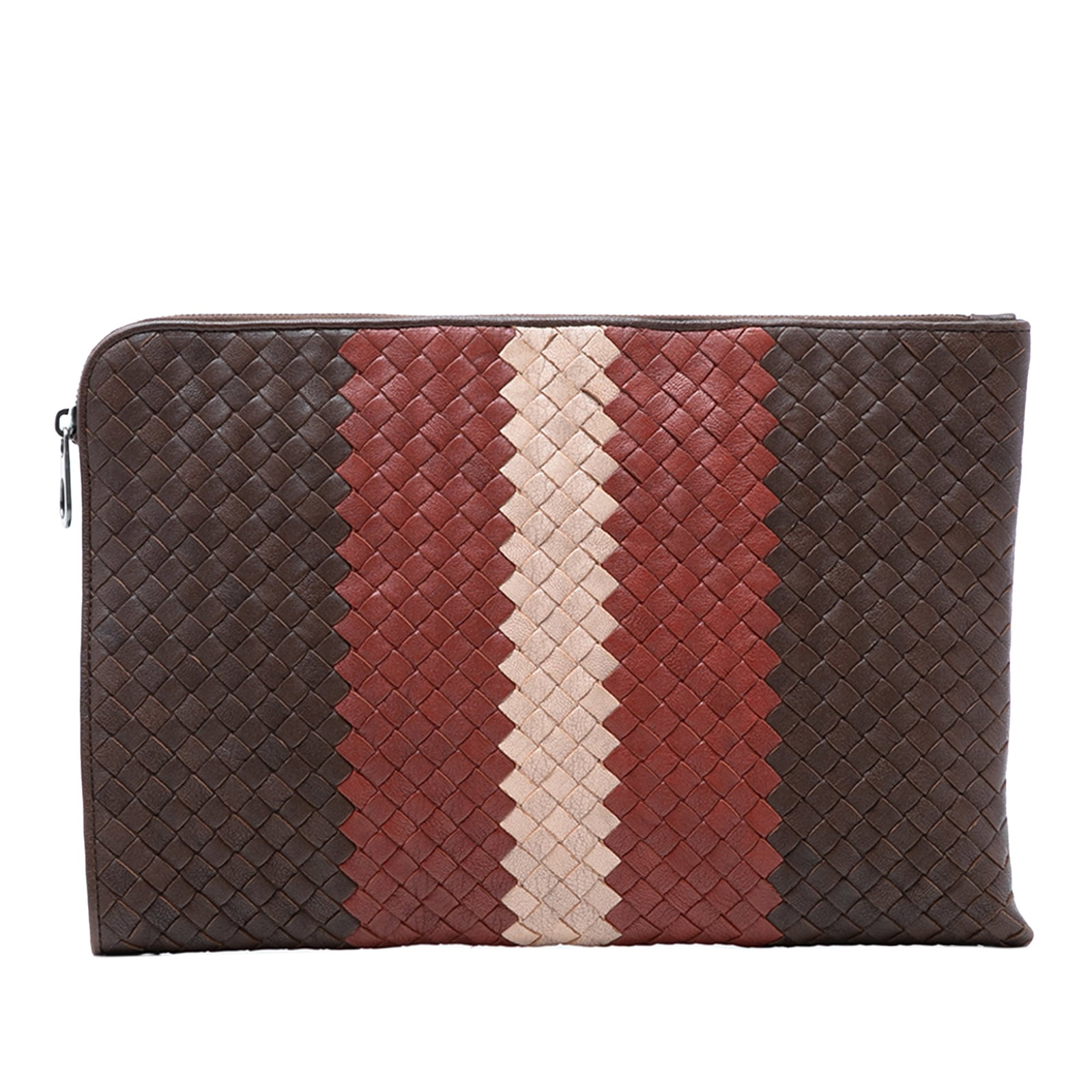 Tricolor Woven Leather Clutch by Bottega Veneta Intrecciato: Tricolor Woven Leather Clutch by Bottega Veneta Intrecciato This Bottega Veneta Tricolor Nappa Intrecciato Clutch features a woven leather exterior in a tricolor design, a top zip closure, and interio