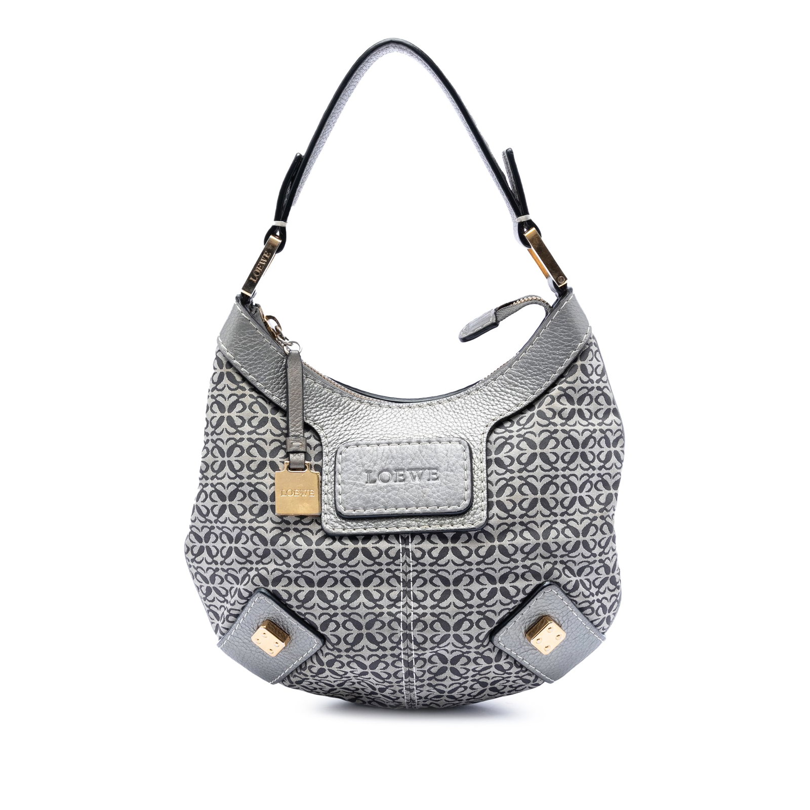 Loewe Anagram Canvas Hobo Bag with Leather Trim and Zip Closure: Loewe Anagram Canvas Hobo Bag with Leather Trim and Zip Closure This LOEWE Anagram Canvas New Road Hobo bag features a printed canvas body with leather trim, a flat leather strap, top zip closure, and