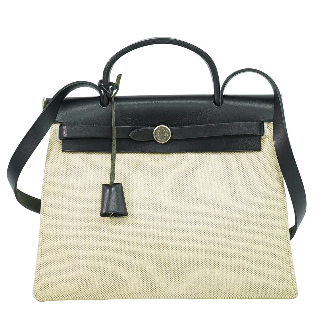 Herbag Canvas and Leather Shoulder Bag by Hermes Beige 31cm: Herbag Canvas and Leather Shoulder Bag by Hermes Beige 31cm The Hermes Herbag features a beige canvas body with leather accents, designed for women. Made in France, this bag shows signs of use includi