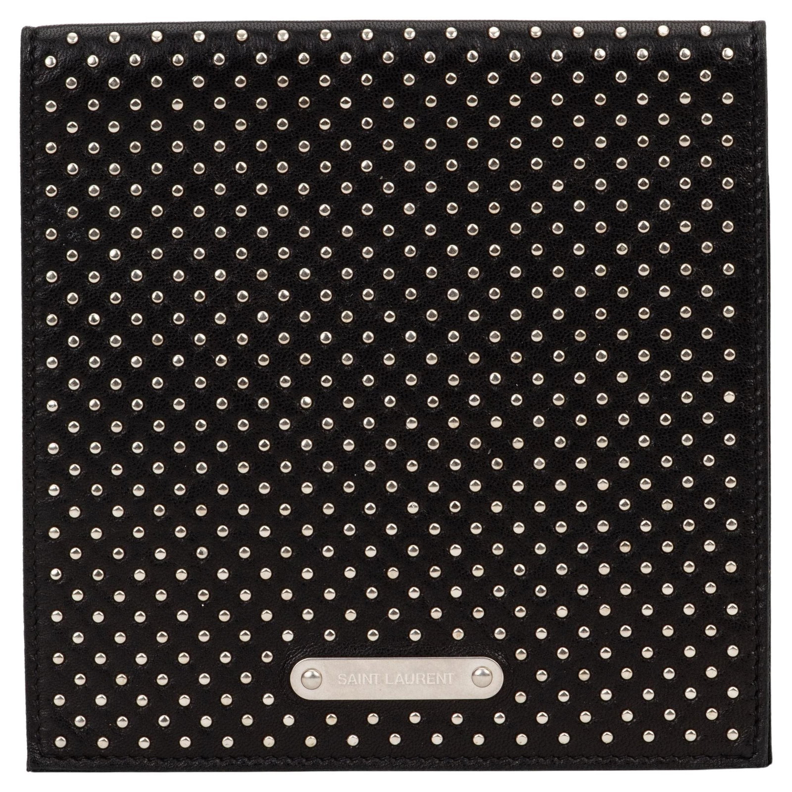 Yves Saint Laurent Black Studded Leather Passport Cover: Yves Saint Laurent Black Studded Leather Passport Cover This stylish unisex passport cover by Yves Saint Laurent is crafted from high-quality black leather and features a unique silver stone studded d
